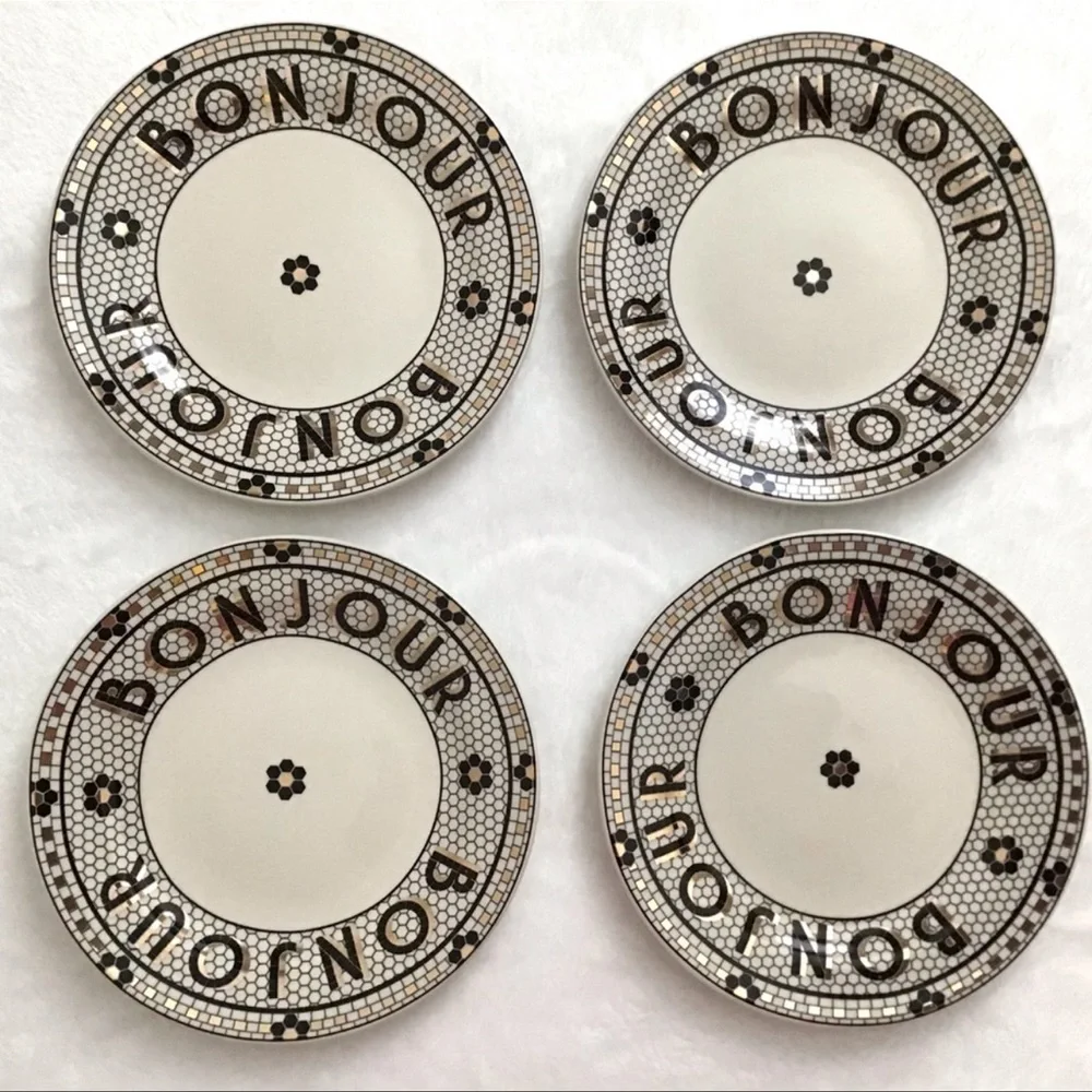 Anthropologie Set Of Four Bistro Tile Bonjour Plates New In Box RARE